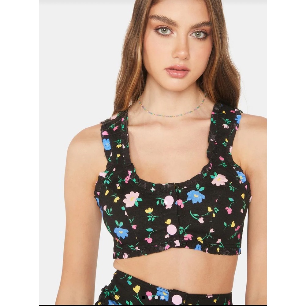 For Love & Lemons Robin Floral Crop Top‎ Ruffle Strap Snap Up Linen Black Medium